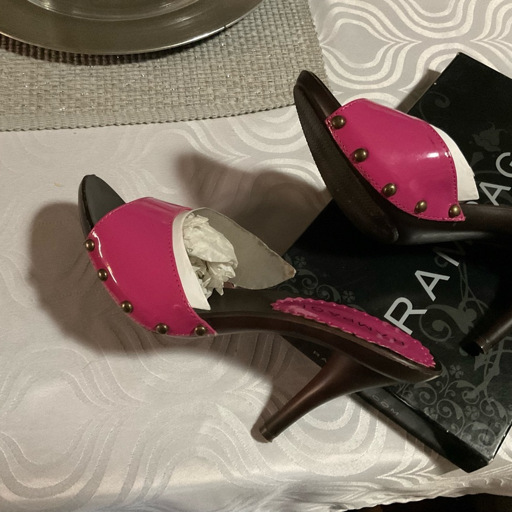 Rampage Heels, Pink with brown wooden heels